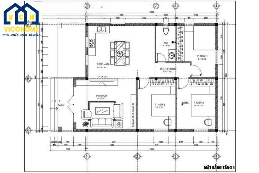 Bản vẽ thiết kế nhà vuông cấp 4 3 phòng ngủ